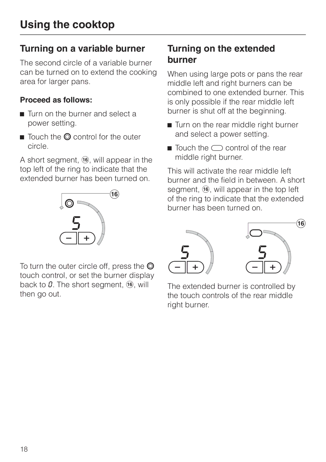 Miele KM 452 manual Turning on a variable burner, Turning on the extended burner 