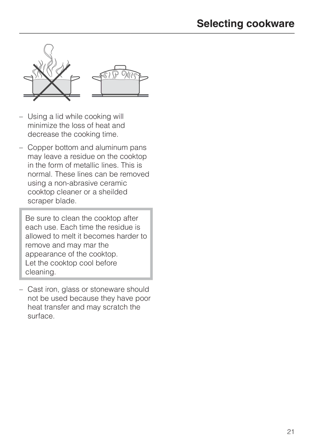 Miele KM 452 manual Selecting cookware 