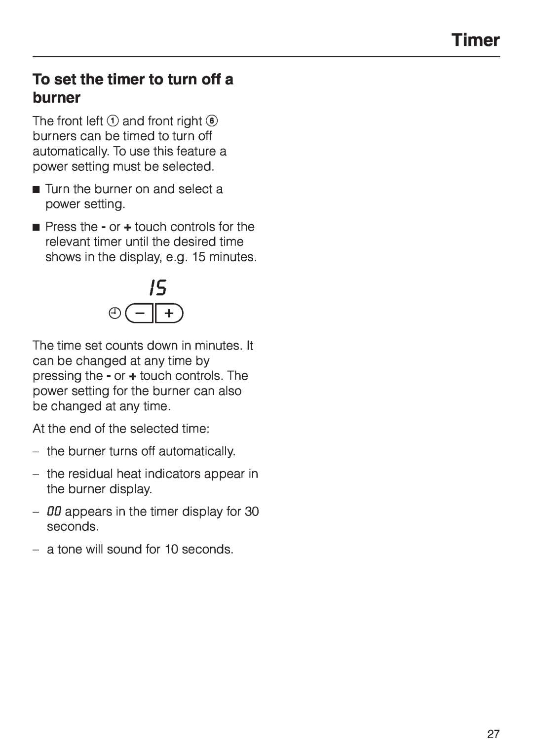 Miele KM 452 manual To set the timer to turn off a burner, Timer 