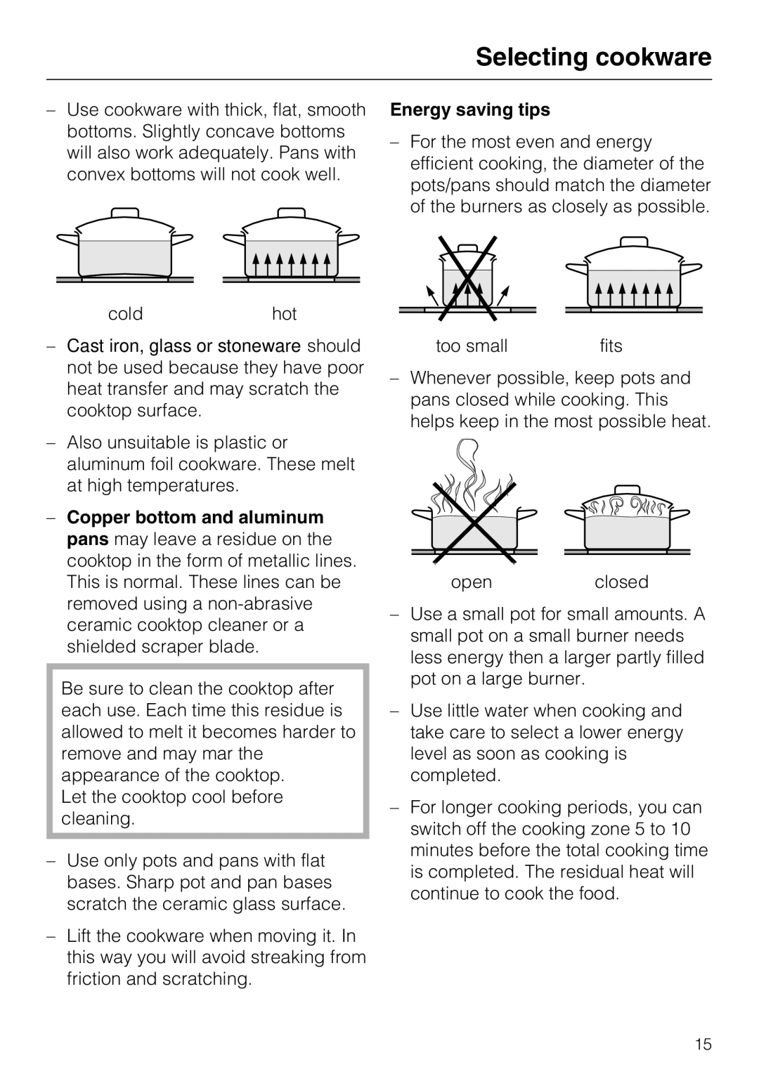 Miele KM 5621, KM 5627, KM 5624 installation instructions Selecting cookware, Energy saving tips 