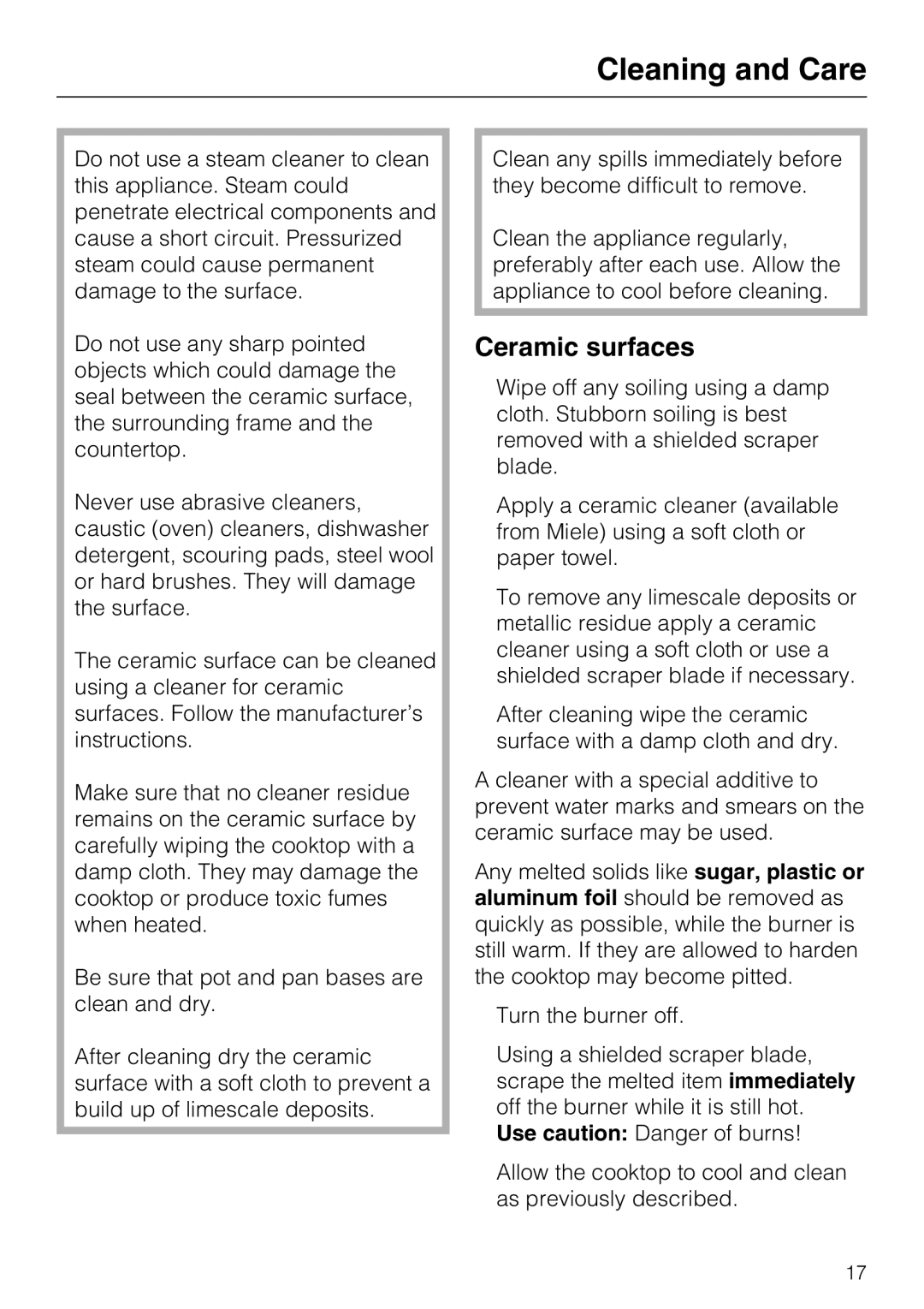 Miele KM 5624, KM 5621, KM 5627 installation instructions Cleaning and Care, Ceramic surfaces 