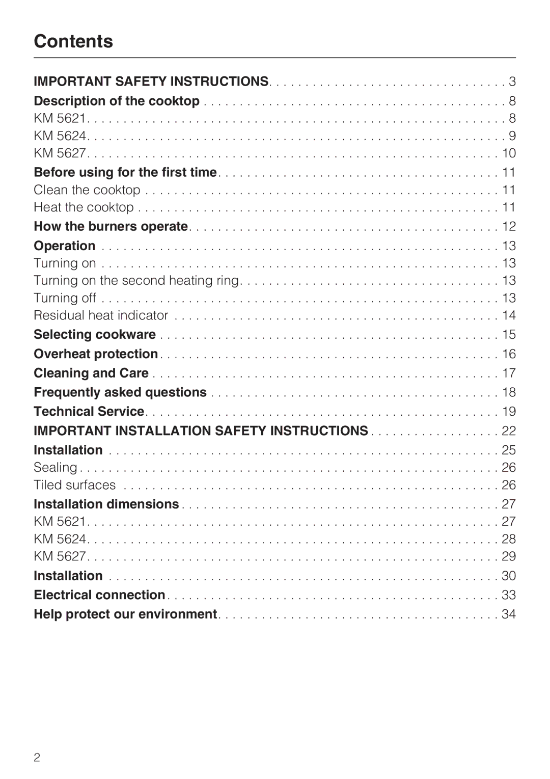 Miele KM 5624, KM 5621, KM 5627 installation instructions Contents 