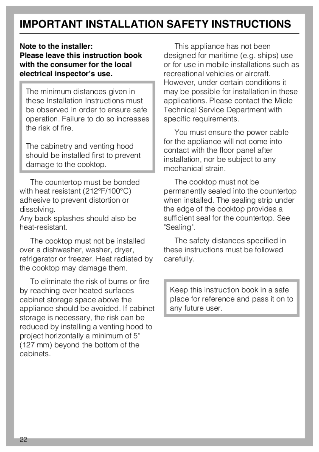 Miele KM 5627, KM 5621, KM 5624 installation instructions Important Installation Safety Instructions 