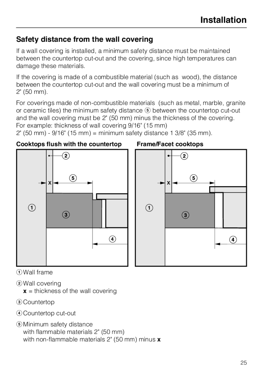 Miele KM 5627, KM 5621, KM 5624 installation instructions Installation, Safety distance from the wall covering 