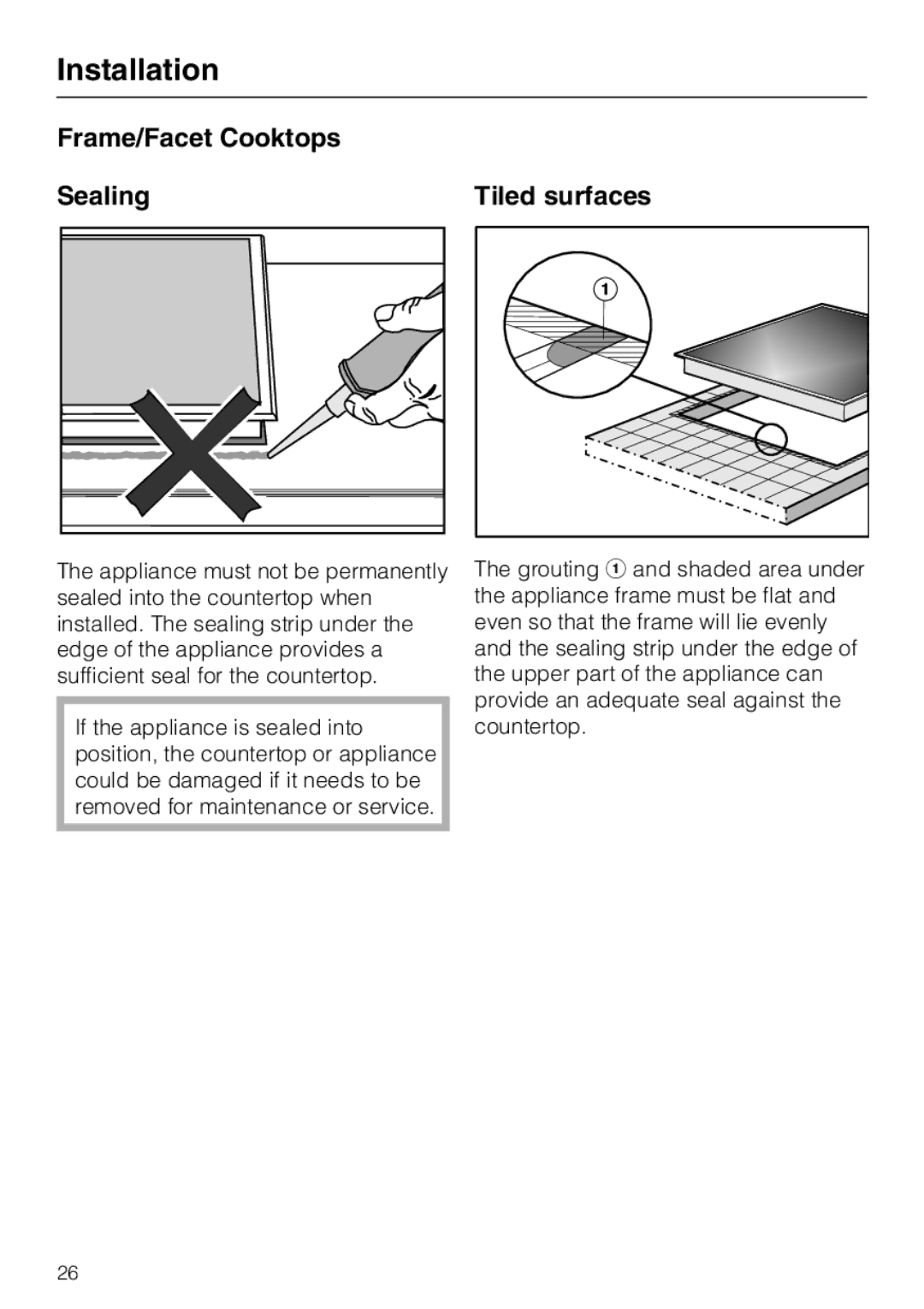 Miele KM 5624, KM 5621, KM 5627 installation instructions Frame/Facet Cooktops Sealing, Tiled surfaces 