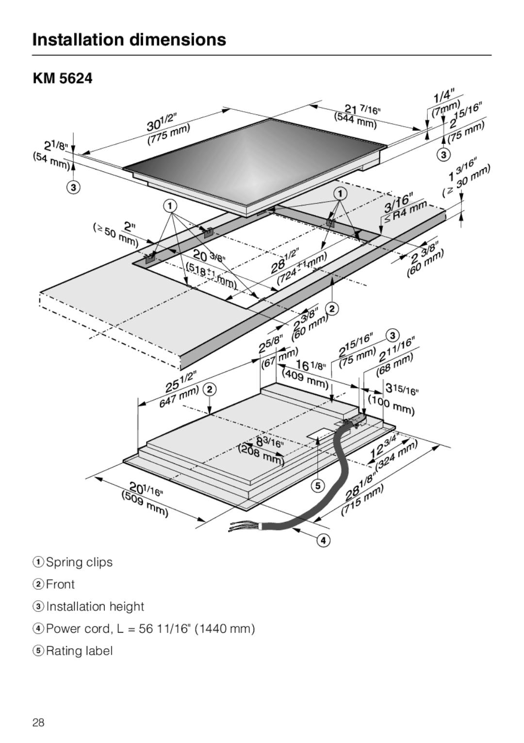 Miele KM 5627, KM 5621, KM 5624 installation instructions Installation dimensions 