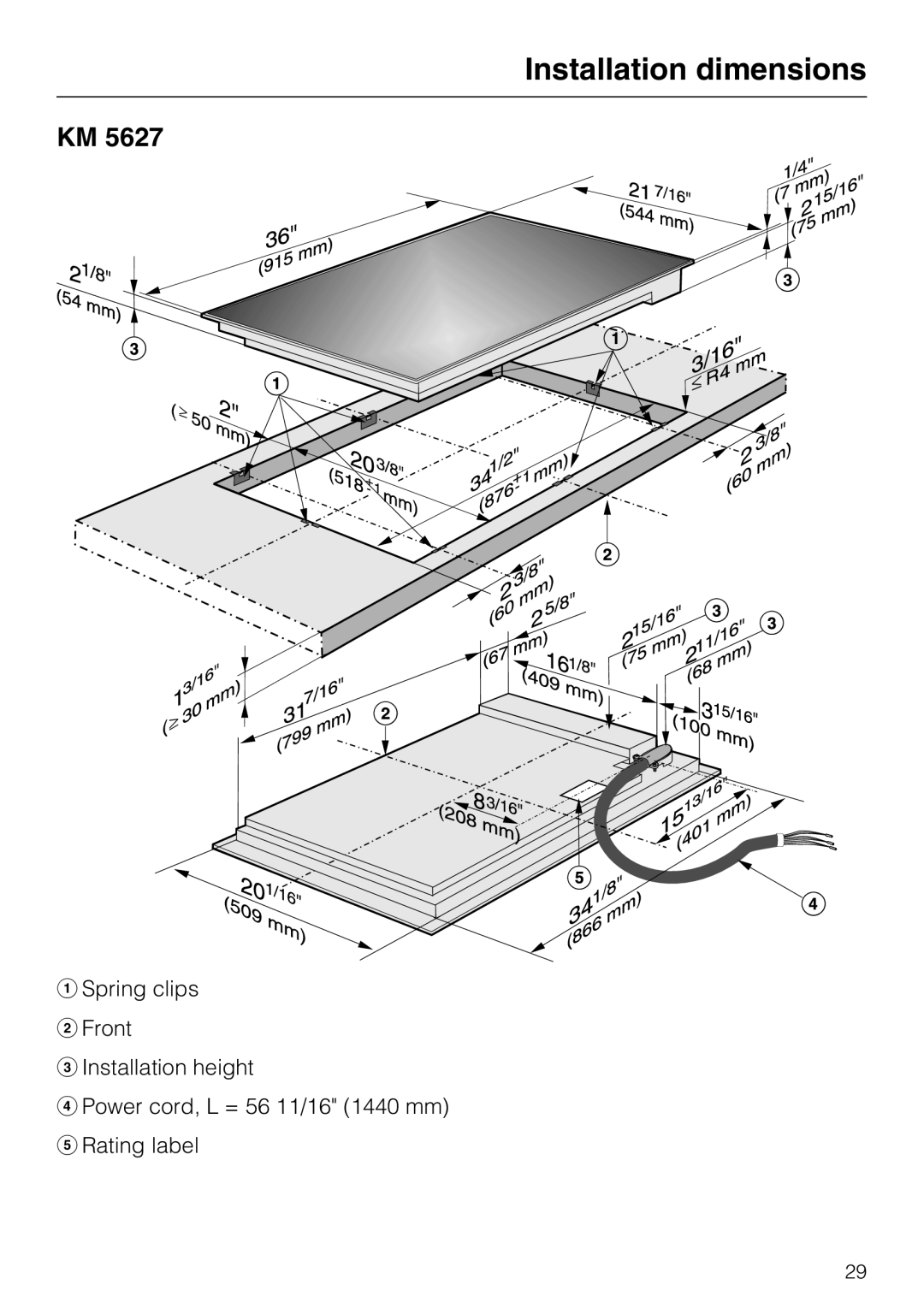 Miele KM 5624, KM 5621, KM 5627 installation instructions Installation dimensions 