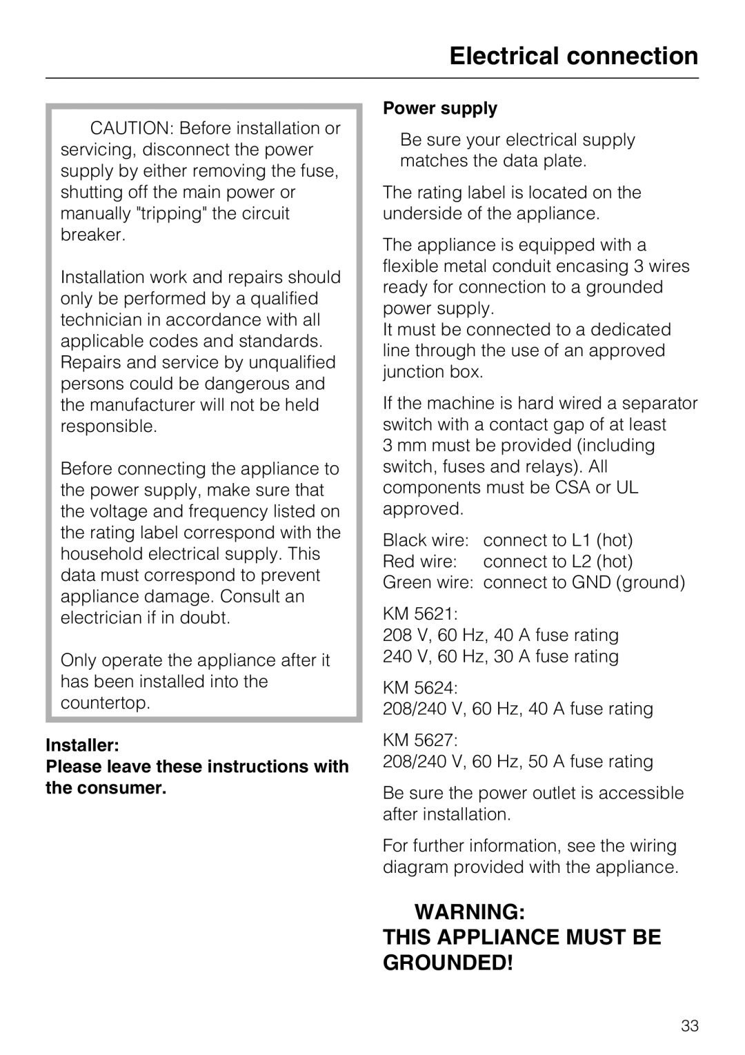 Miele KM 5621, KM 5627, KM 5624 installation instructions Electrical connection 