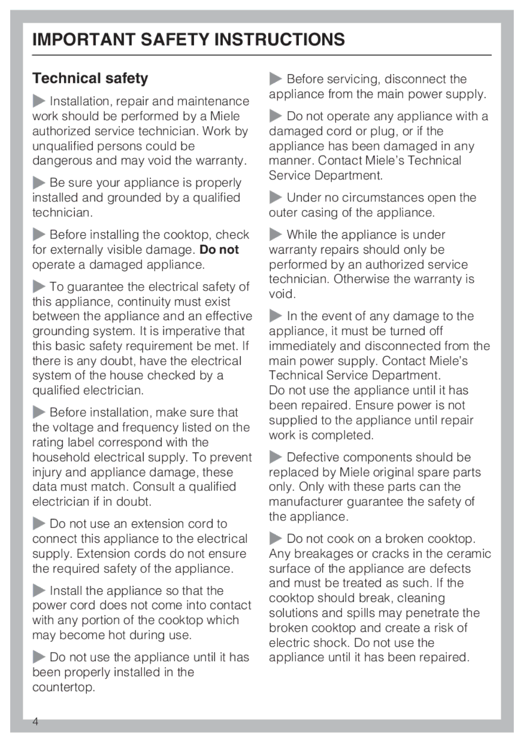 Miele KM 5627, KM 5621, KM 5624 installation instructions Technical safety 