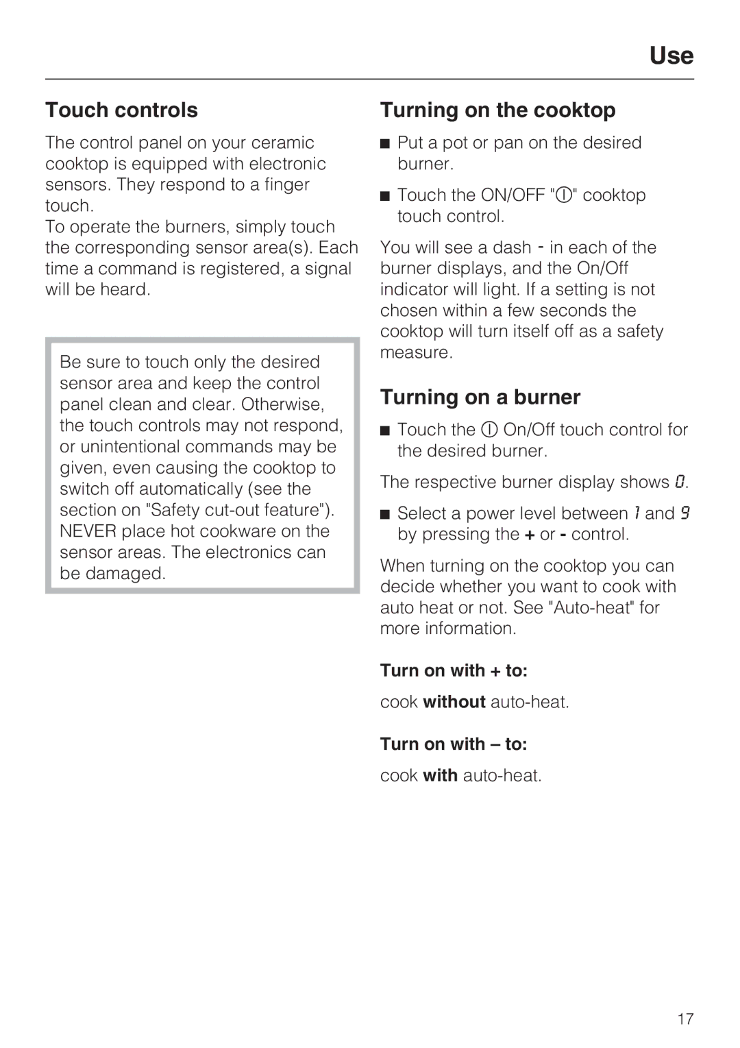 Miele KM 5753 installation instructions Use, Touch controls, Turning on the cooktop, Turning on a burner 