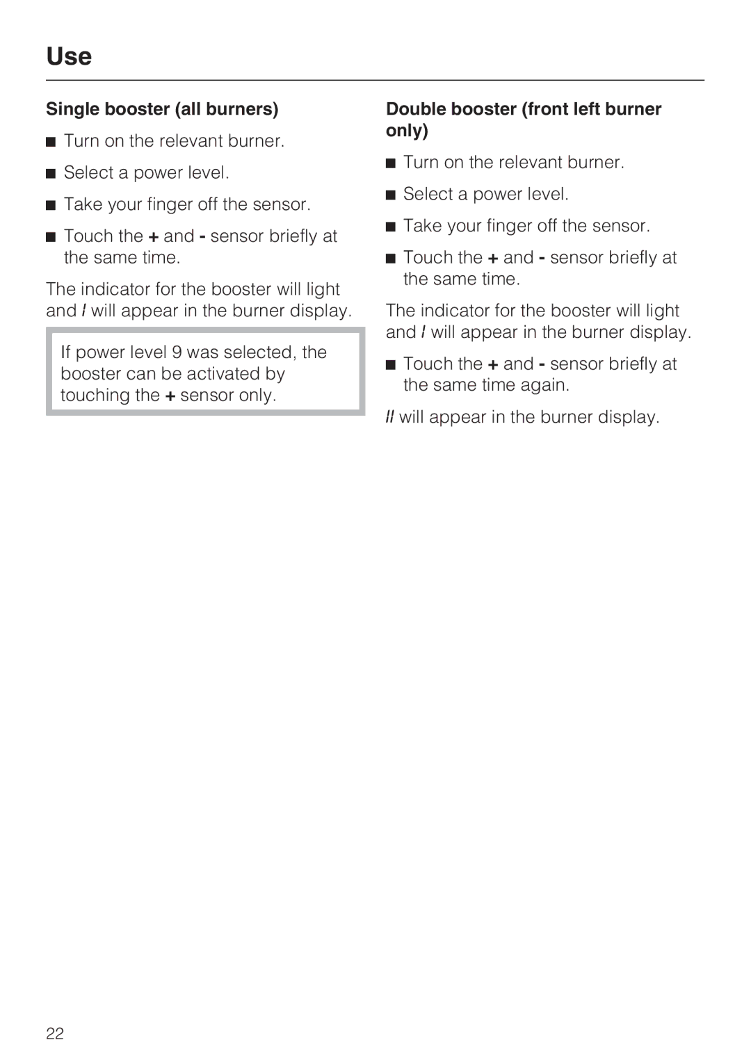 Miele KM 5753 installation instructions Single booster all burners, Double booster front left burner only 