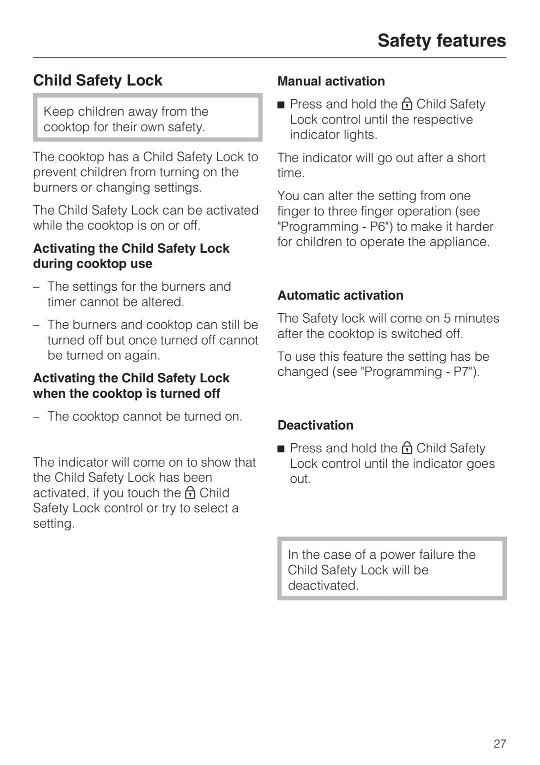 Miele KM 5753 installation instructions Safety features, Child Safety Lock 