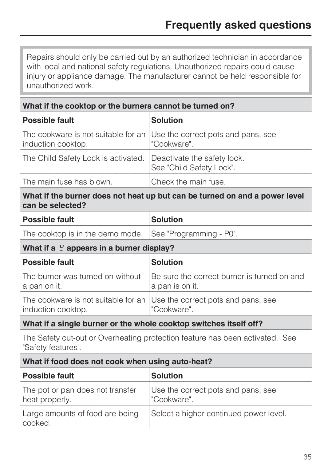 Miele KM 5753 Frequently asked questions, What if a ß appears in a burner display?, Possible fault Solution 