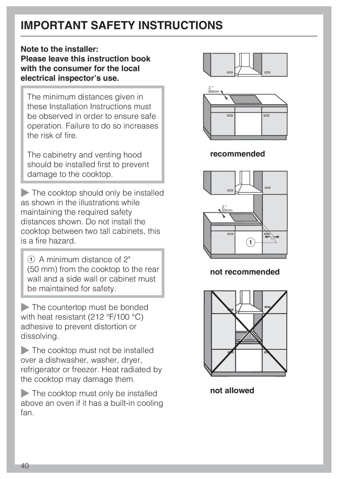 Miele KM 5753 installation instructions Recommended, Not recommended Not allowed 