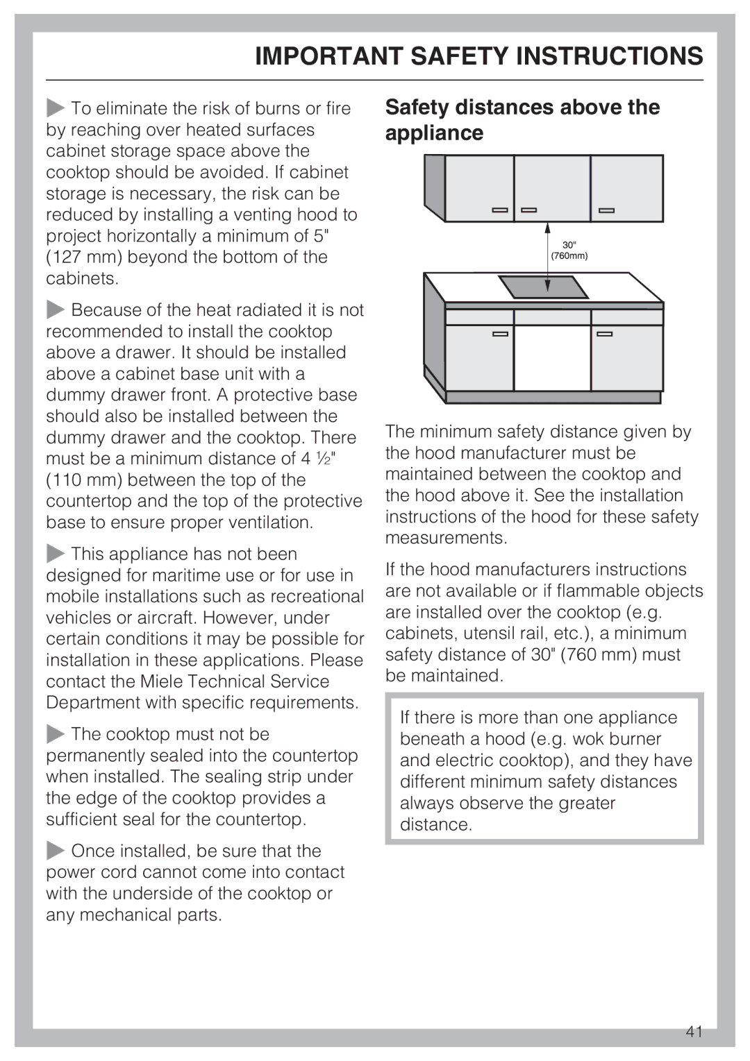 Miele KM 5753 installation instructions Safety distances above the appliance 