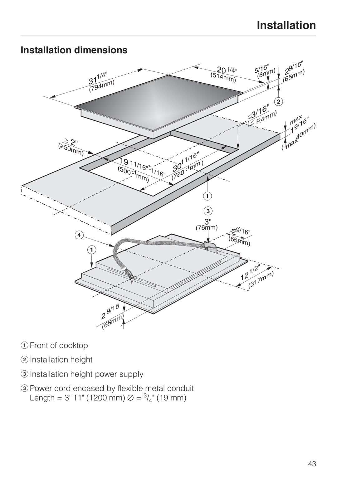 Miele KM 5753 installation instructions Installation dimensions 