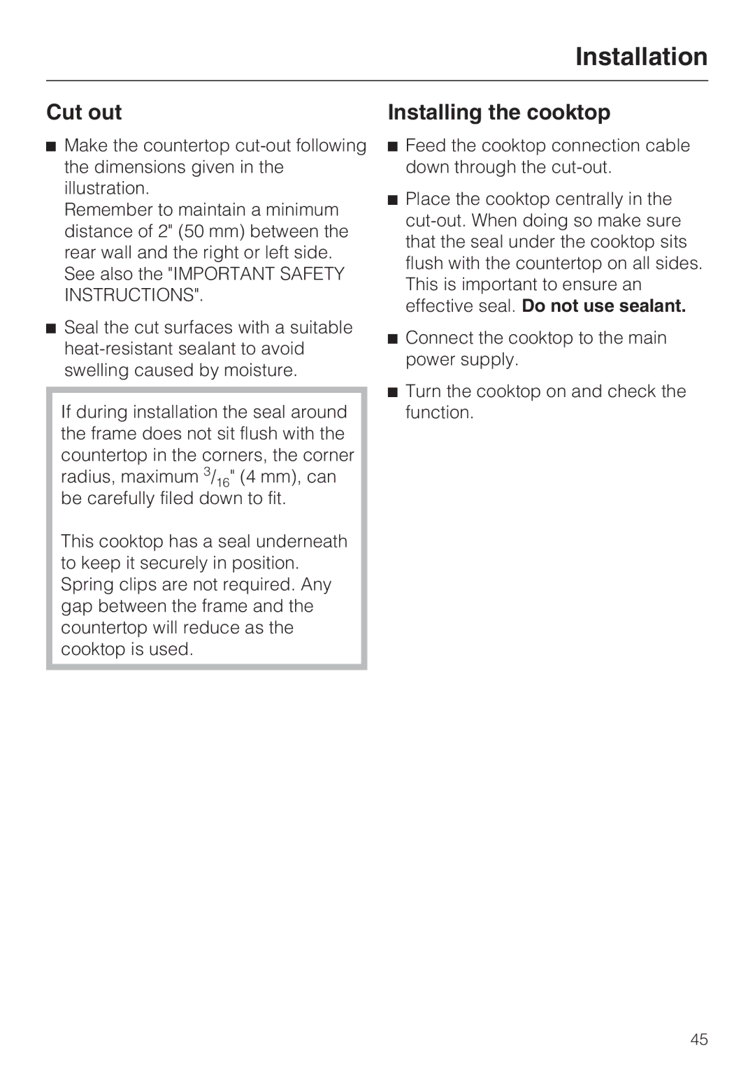 Miele KM 5753 installation instructions Cut out, Installing the cooktop 