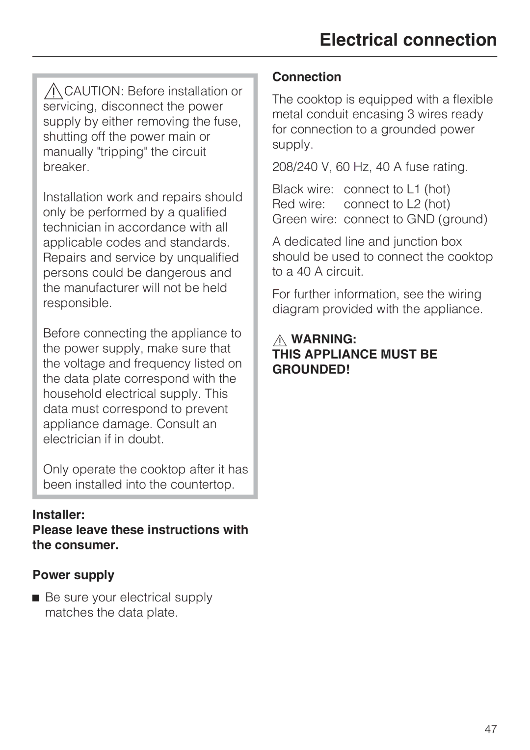 Miele KM 5753 installation instructions Electrical connection, Connection 