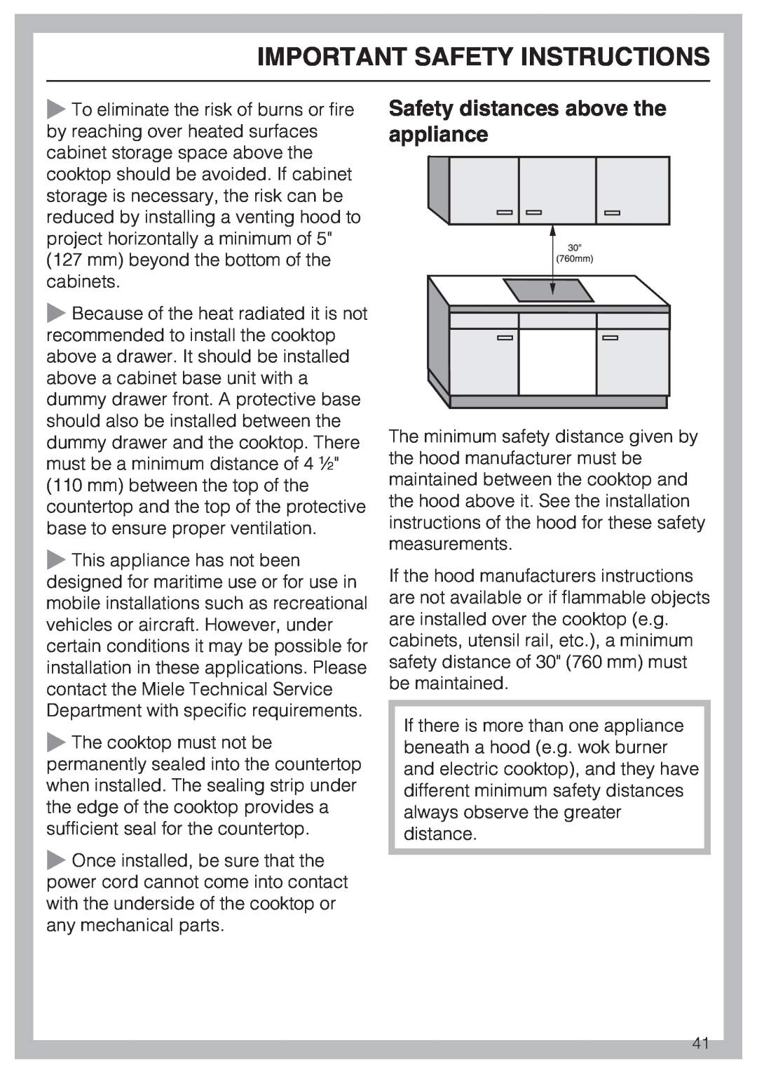 Miele KM 5753 installation instructions Safety distances above the appliance, Important Safety Instructions 