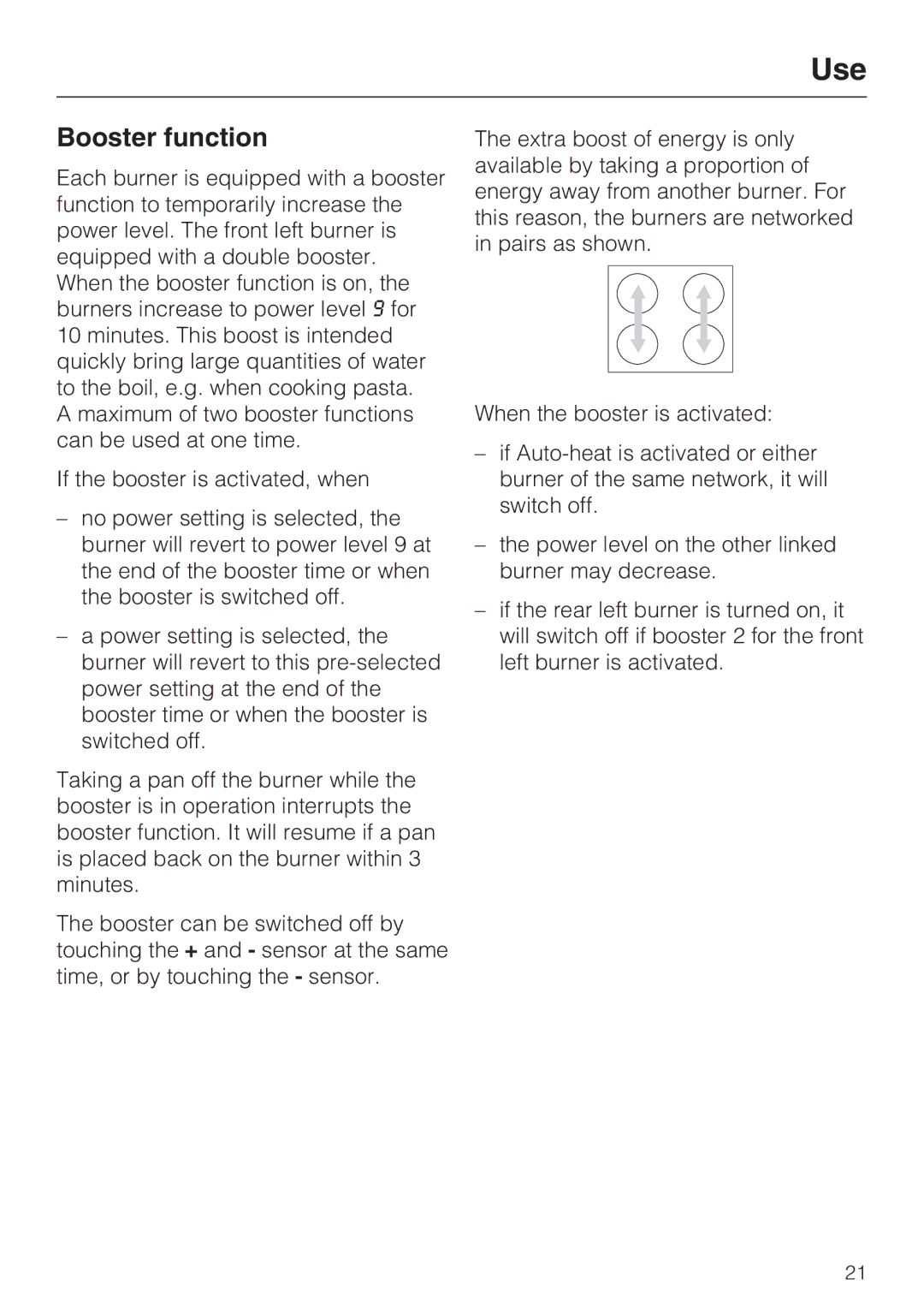 Miele KM 5753, KM 5758 installation instructions Booster function 