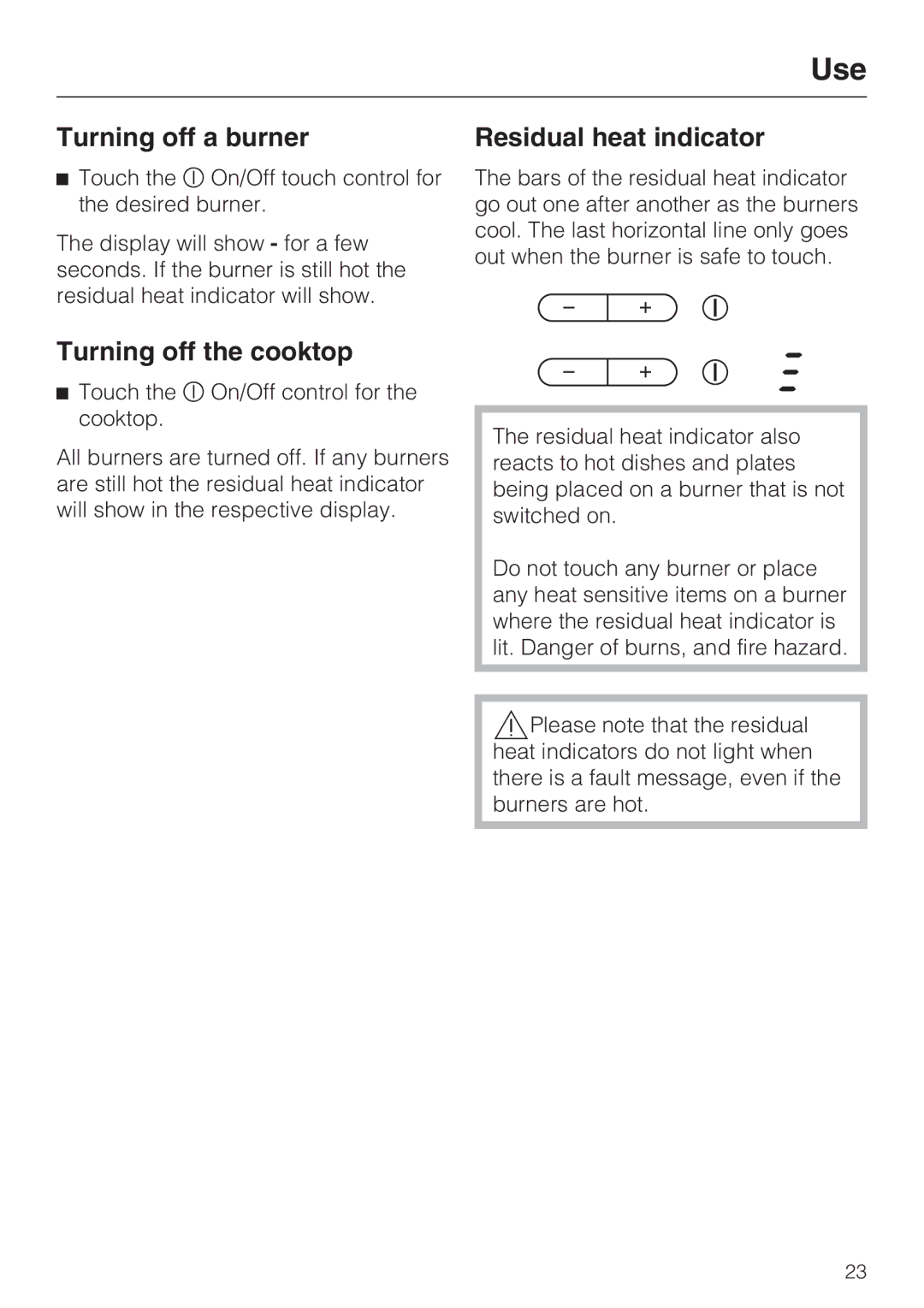 Miele KM 5753, KM 5758 installation instructions Turning off a burner, Turning off the cooktop, Residual heat indicator 