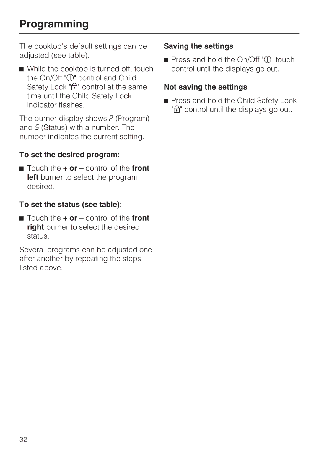 Miele KM 5758, KM 5753 Programming, To set the desired program, To set the status see table, Saving the settings 