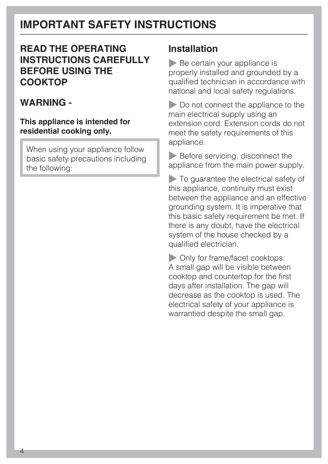 Miele KM 5758, KM 5753 installation instructions Installation, This appliance is intended for residential cooking only 