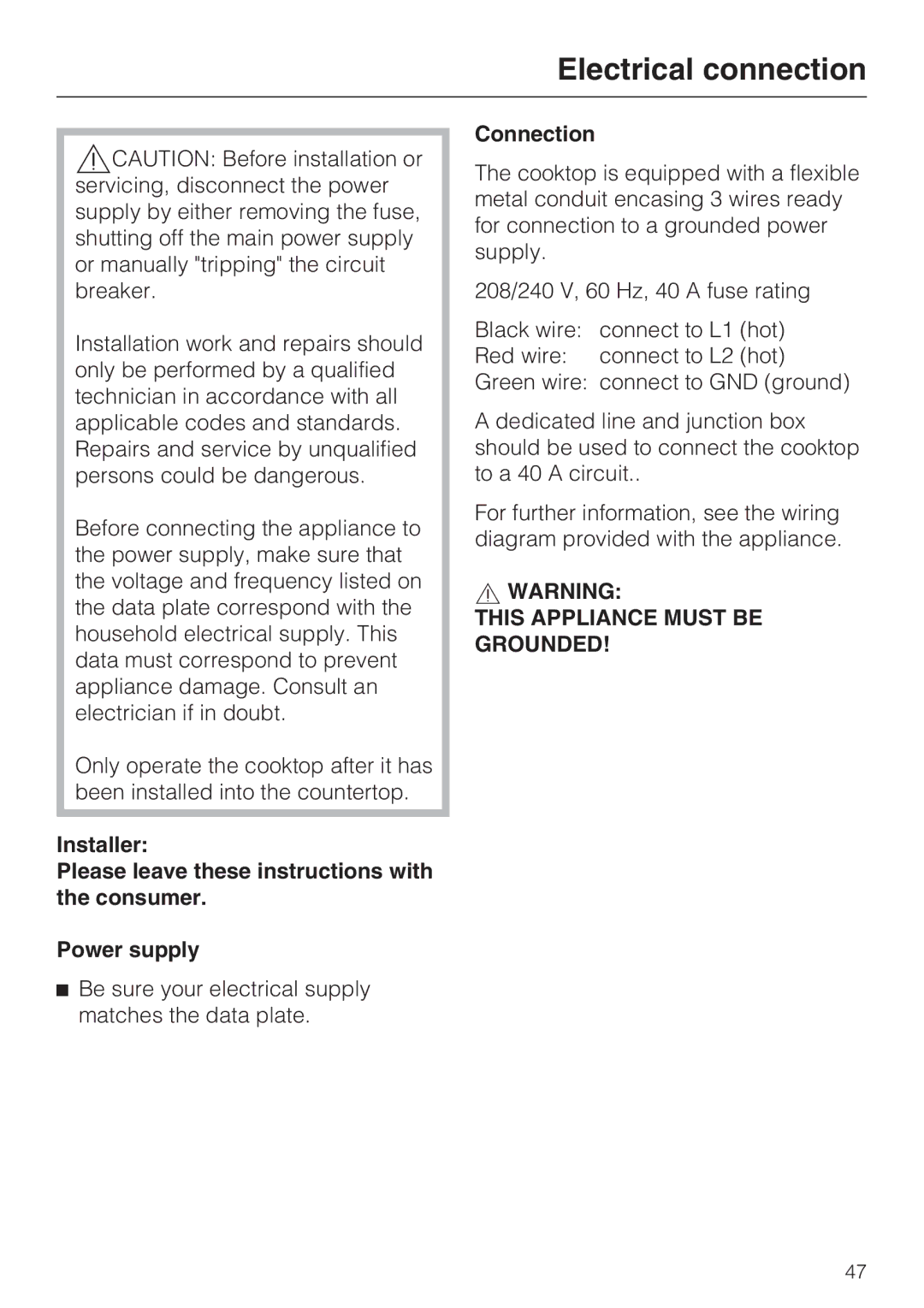 Miele KM 5753, KM 5758 installation instructions Electrical connection, Connection 