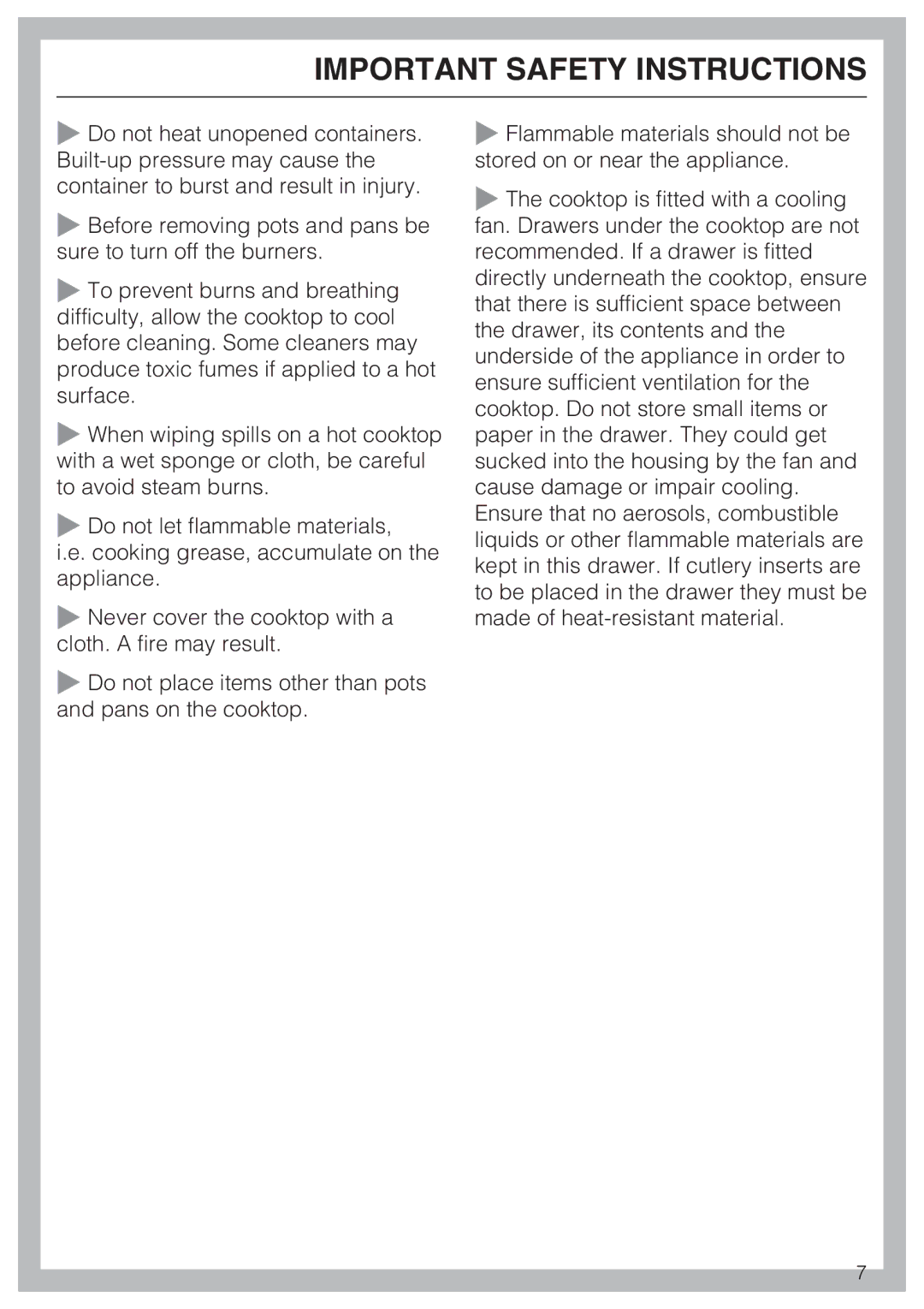 Miele KM 5753, KM 5758 installation instructions Important Safety Instructions 