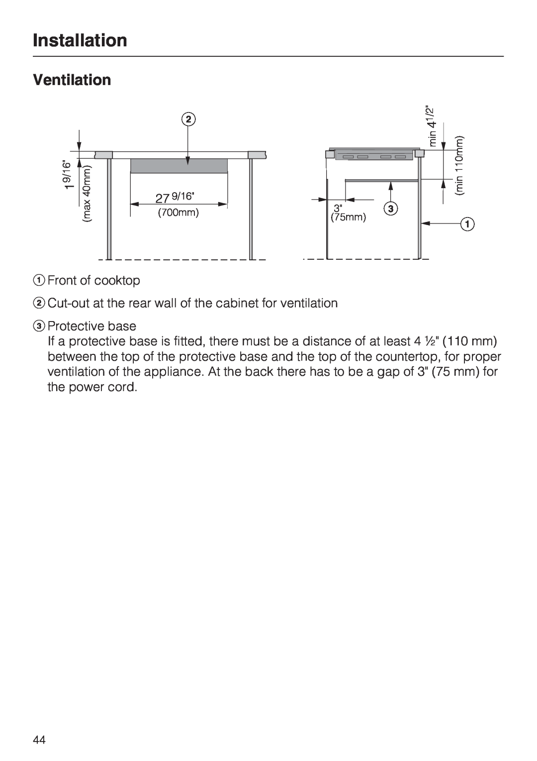 Miele KM 5758, KM 5753 installation instructions Ventilation, Installation 