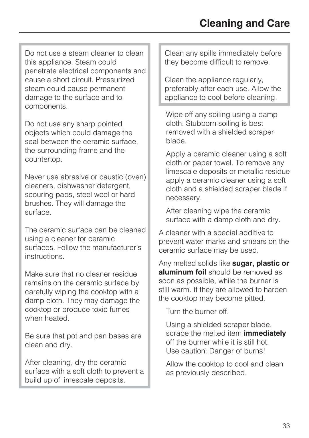 Miele KM 5773 installation instructions Cleaning and Care 