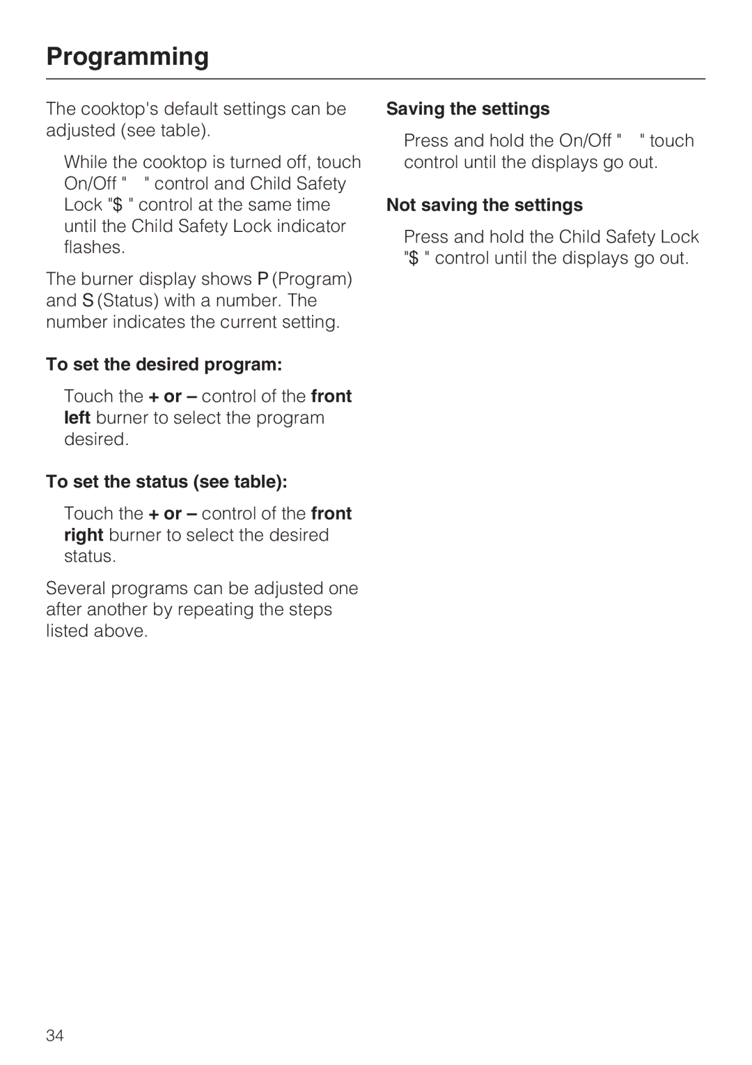 Miele KM 5773 Programming, To set the desired program, To set the status see table, Saving the settings 