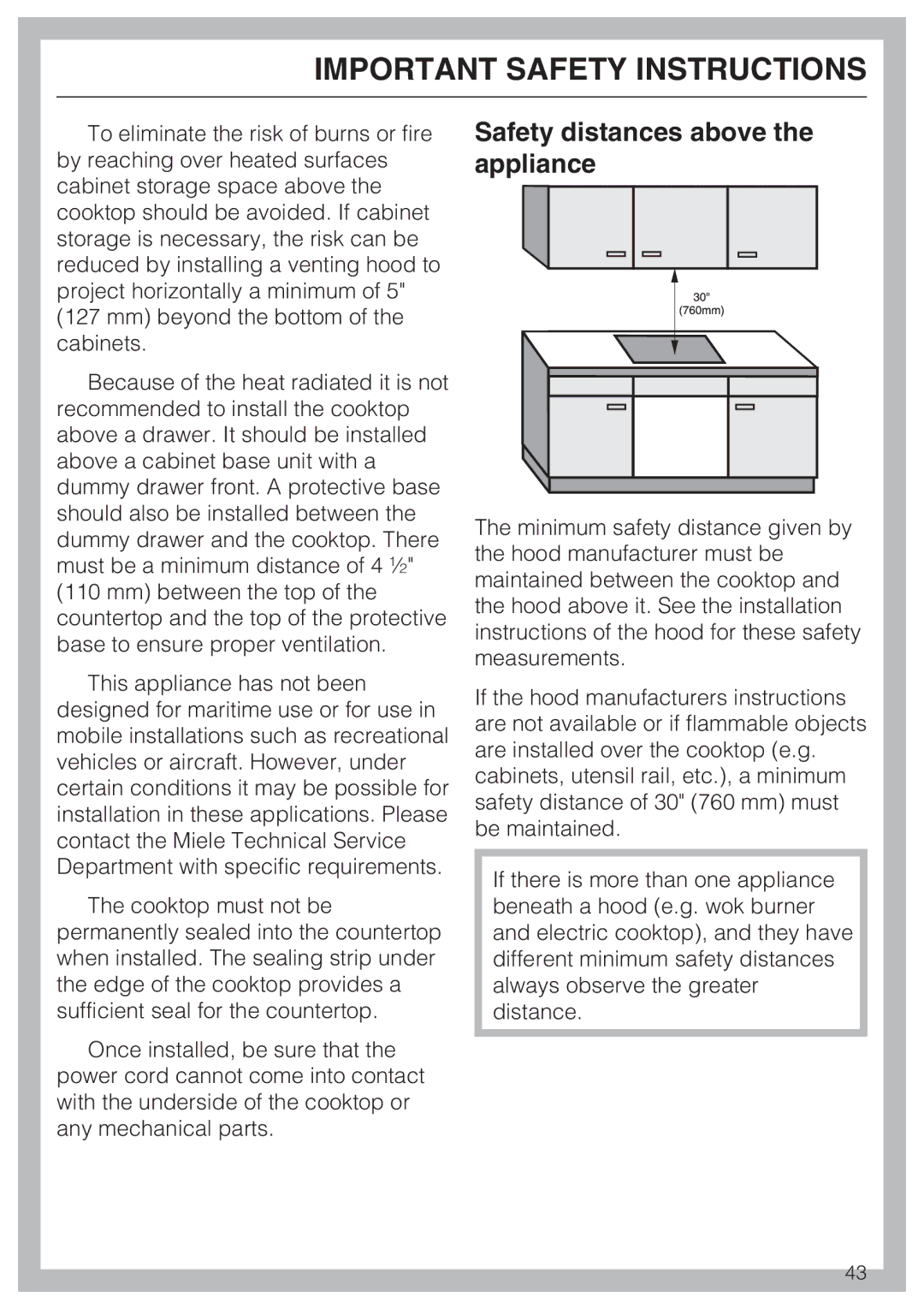 Miele KM 5773 installation instructions Safety distances above the appliance 