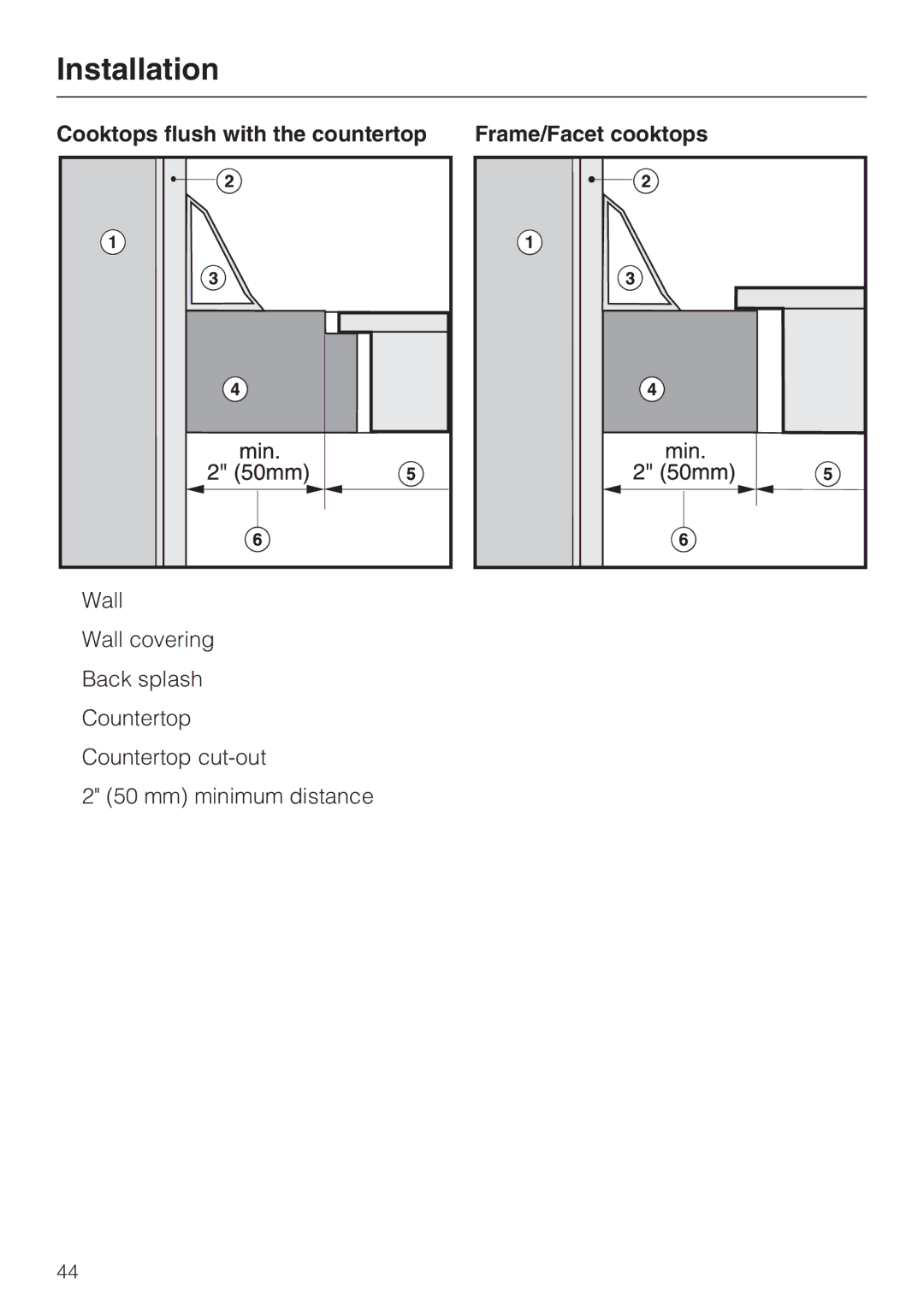 Miele KM 5773 installation instructions Installation, Cooktops flush with the countertop Frame/Facet cooktops 