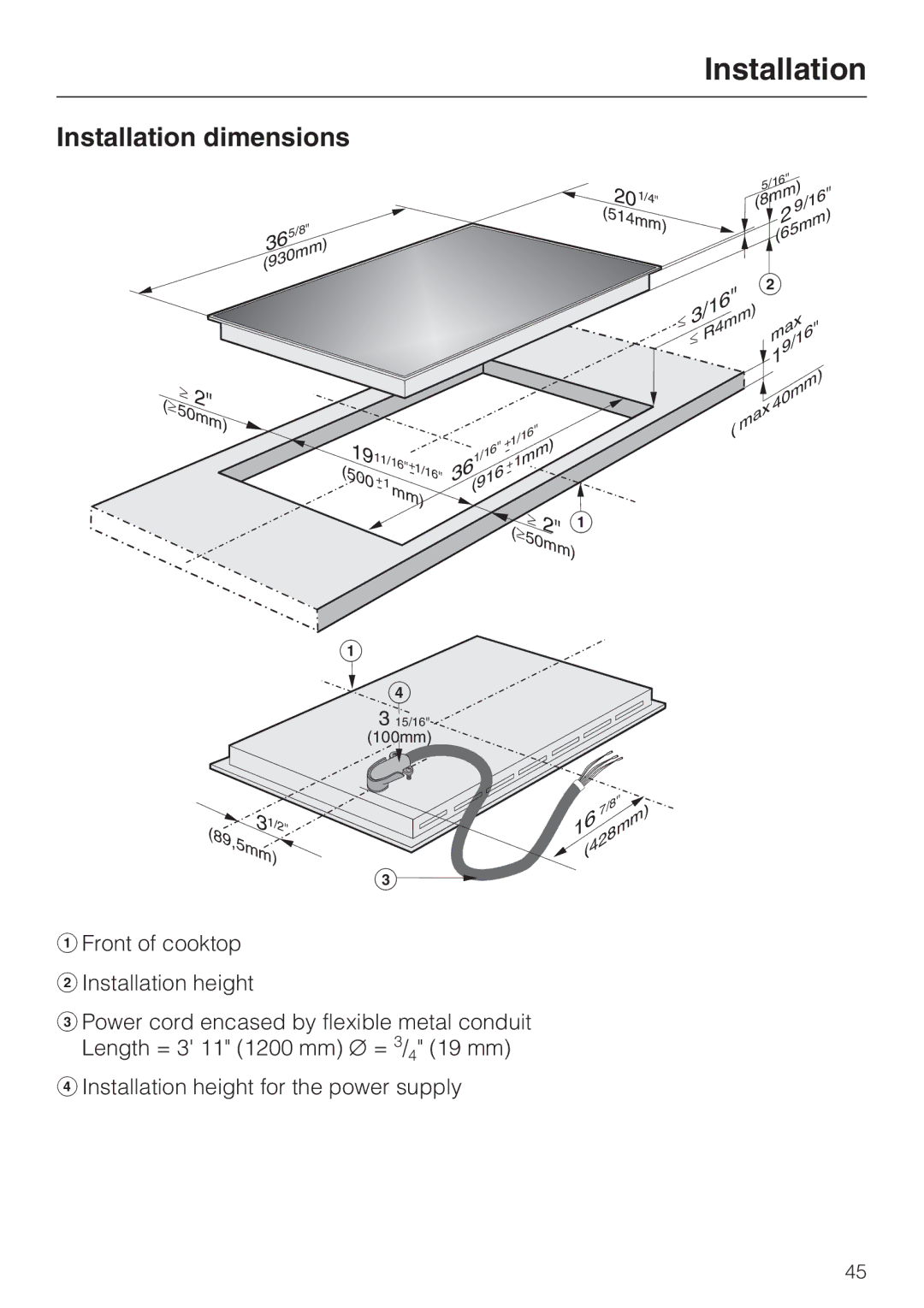 Miele KM 5773 installation instructions Installation dimensions 