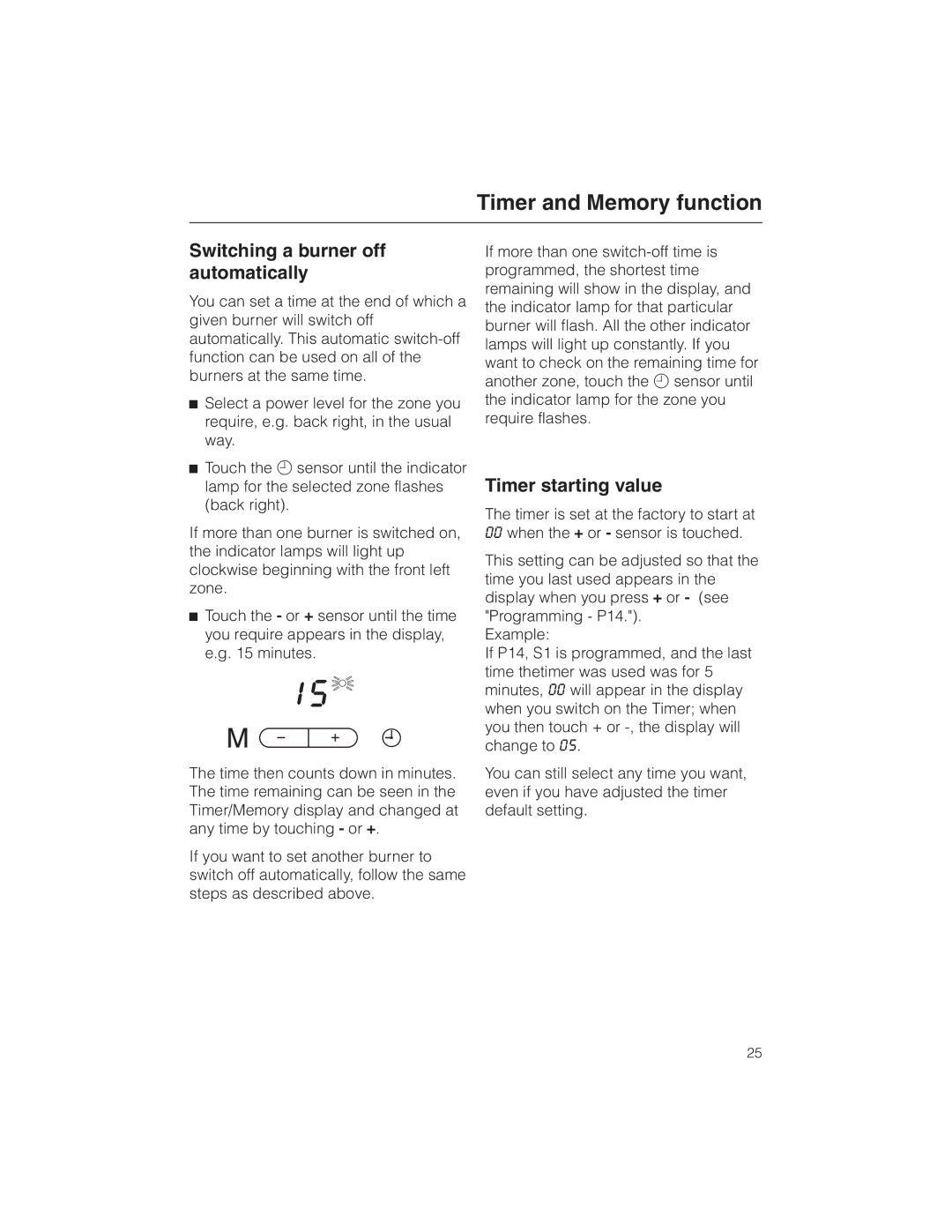 Miele KM 5773 installation instructions Switching a burner off automatically, Timer starting value 