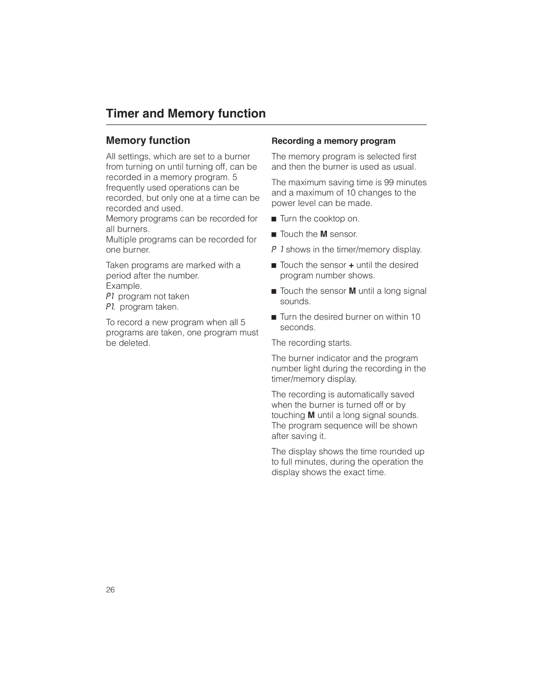 Miele KM 5773 installation instructions Memory function, Recording a memory program 