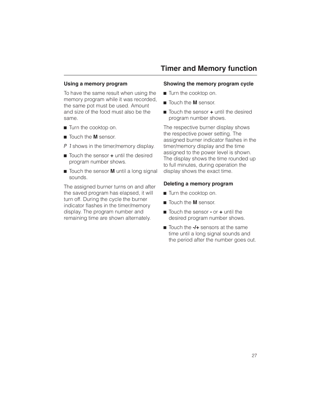 Miele KM 5773 installation instructions Using a memory program, Showing the memory program cycle, Deleting a memory program 