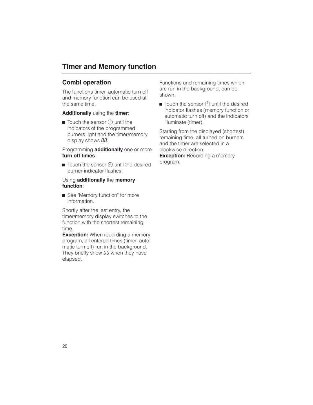 Miele KM 5773 Combi operation, Additionally using the timer, Using additionally the memory function 