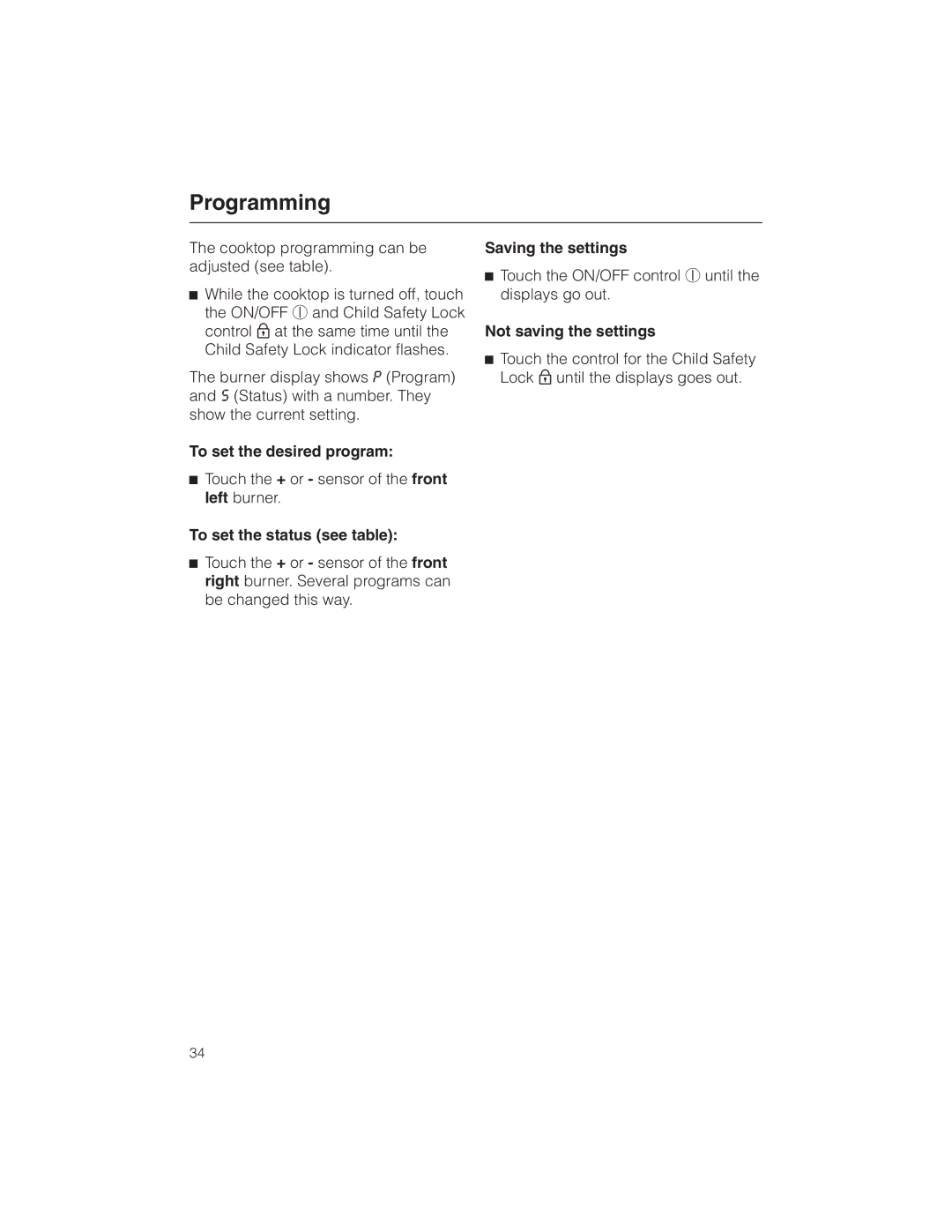 Miele KM 5773 Programming, To set the desired program, To set the status see table, Saving the settings 