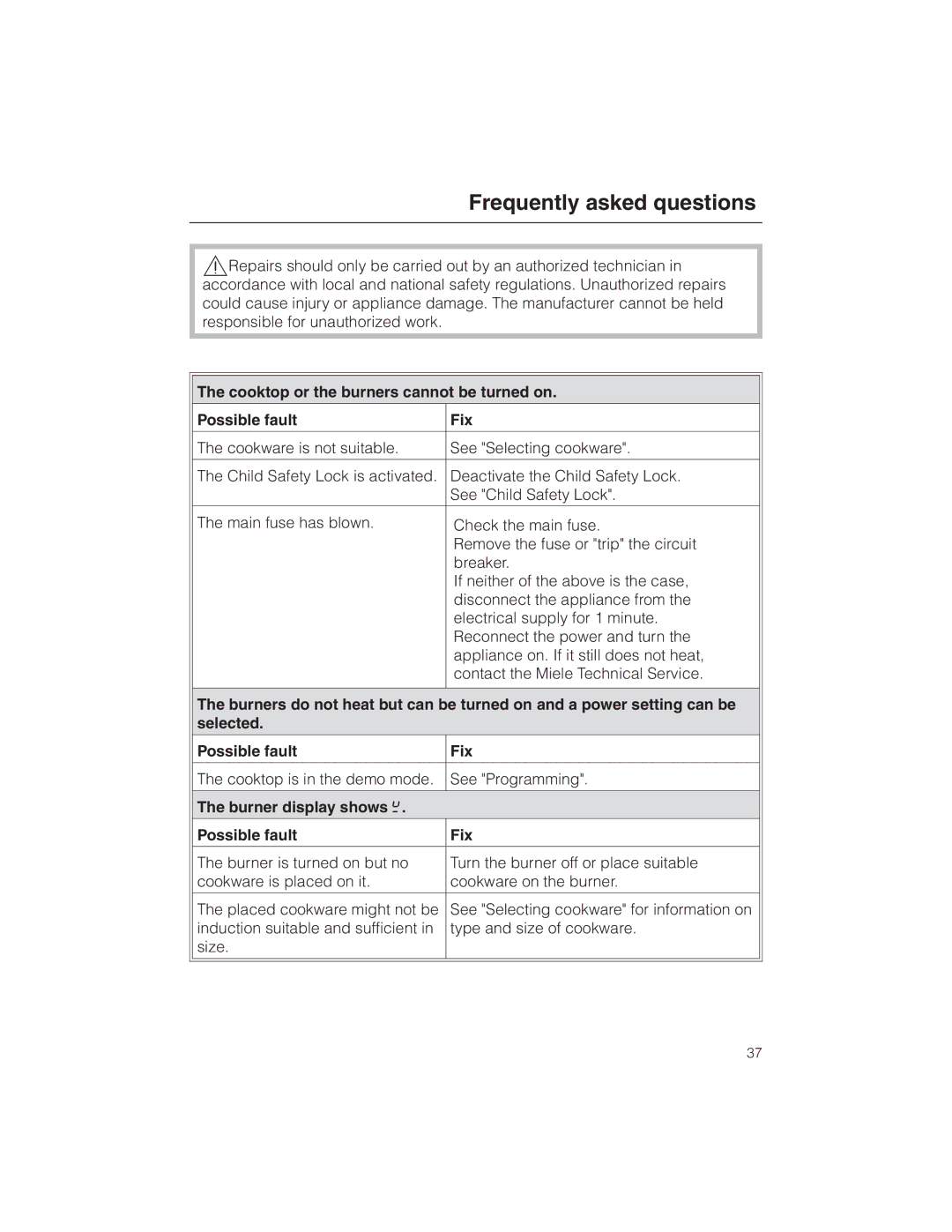 Miele KM 5773 installation instructions Frequently asked questions, Burner display shows ß Possible fault Fix 