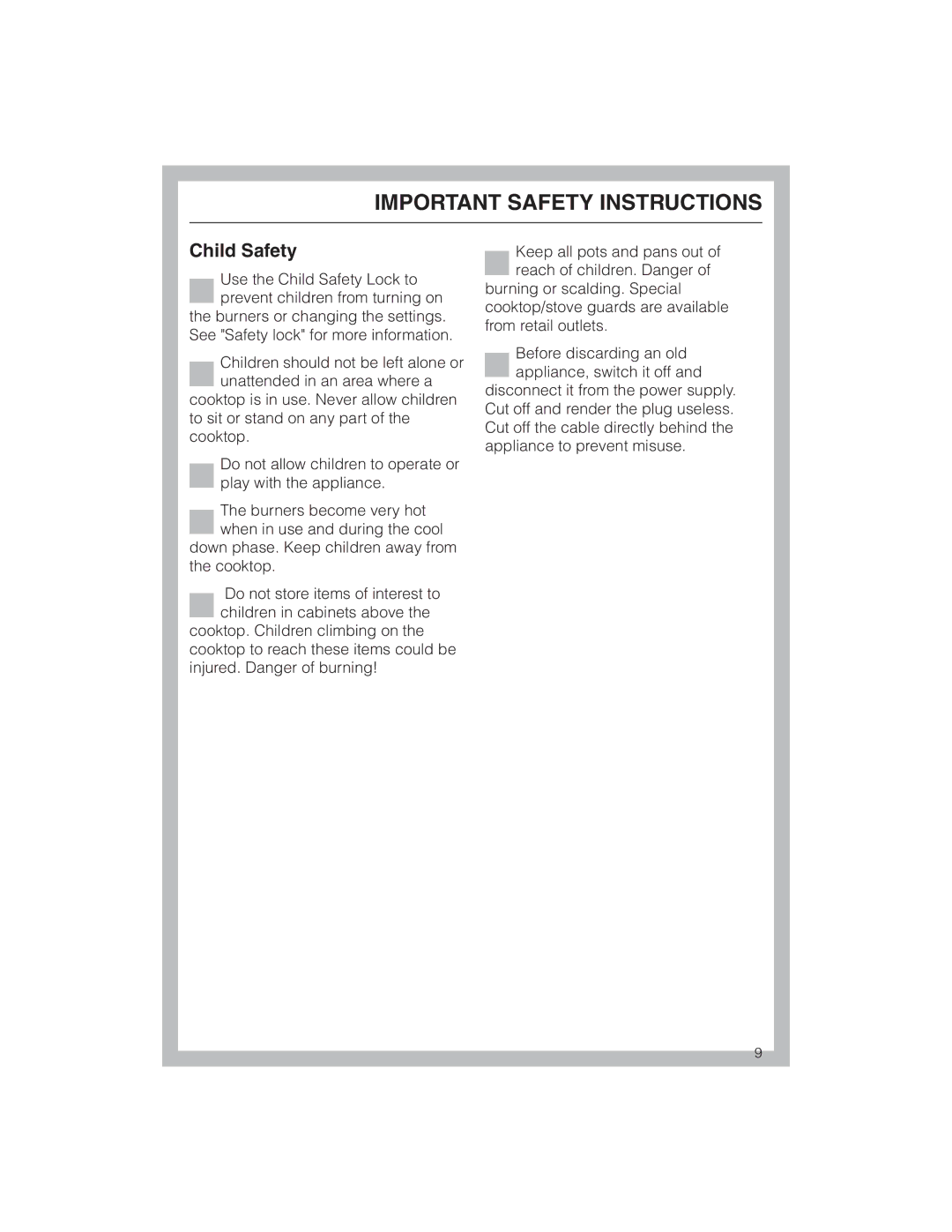 Miele KM 5773 installation instructions Child Safety 