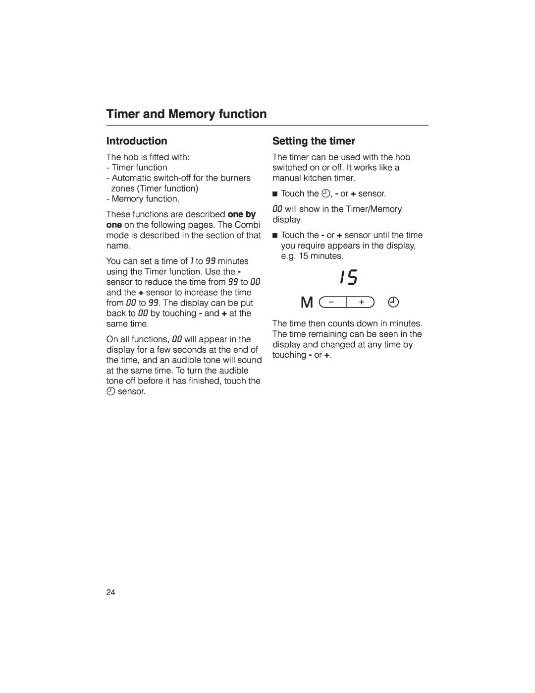 Miele KM 5773 installation instructions Timer and Memory function, Introduction, Setting the timer 