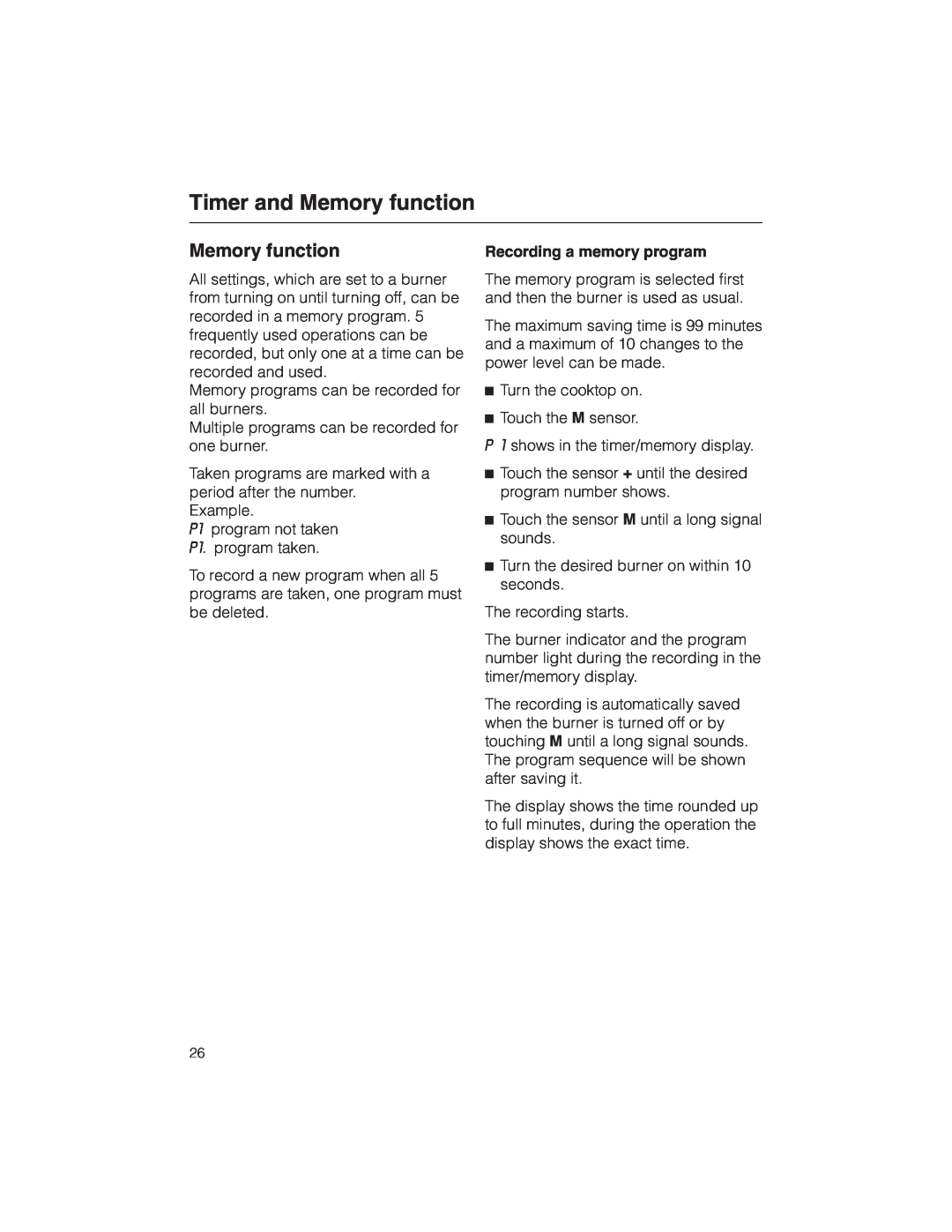 Miele KM 5773 installation instructions Recording a memory program, Timer and Memory function 