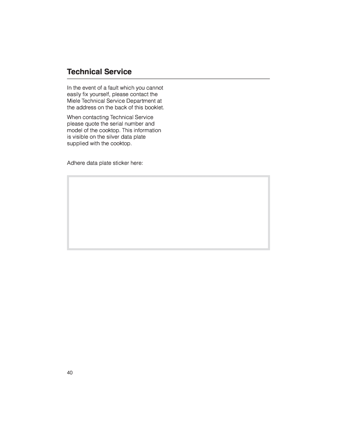 Miele KM 5773 installation instructions Technical Service 