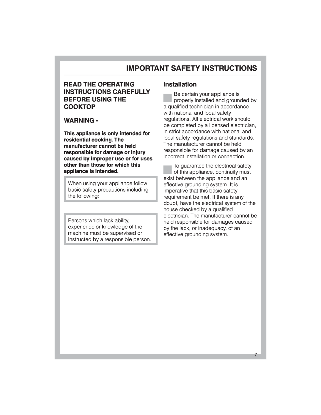 Miele KM 5773 installation instructions Important Safety Instructions, Installation 