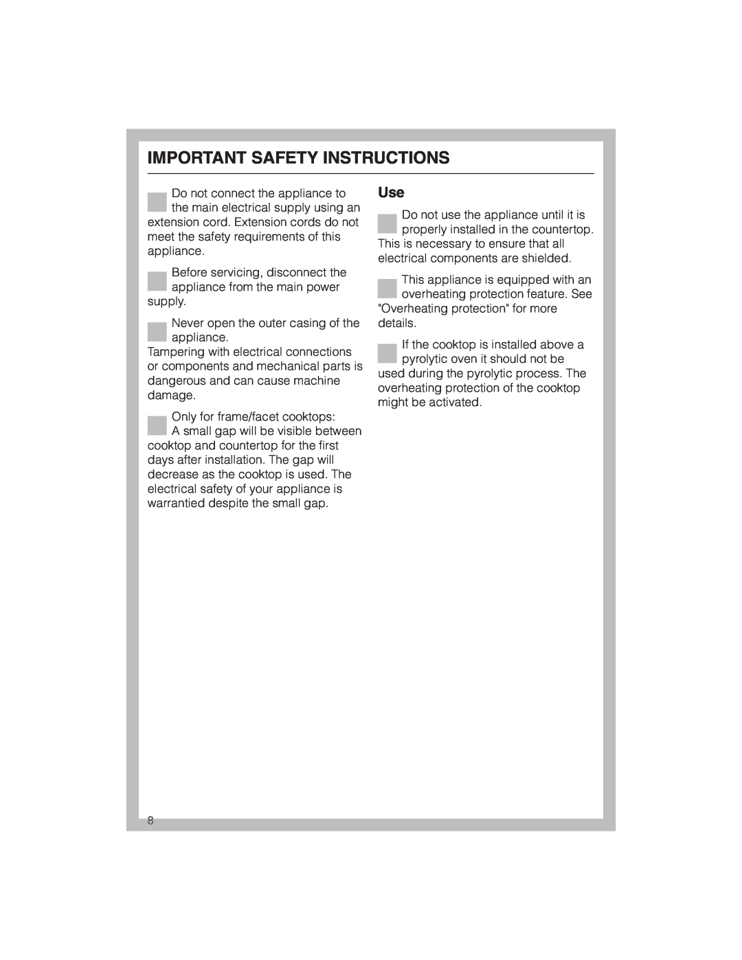 Miele KM 5773 installation instructions Important Safety Instructions 