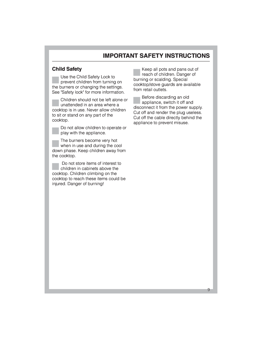 Miele KM 5773 installation instructions Child Safety, Important Safety Instructions 