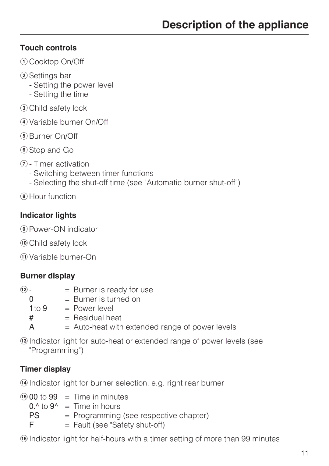 Miele KM 5820 installation instructions Touch controls, Indicator lights, Burner display, Timer display 