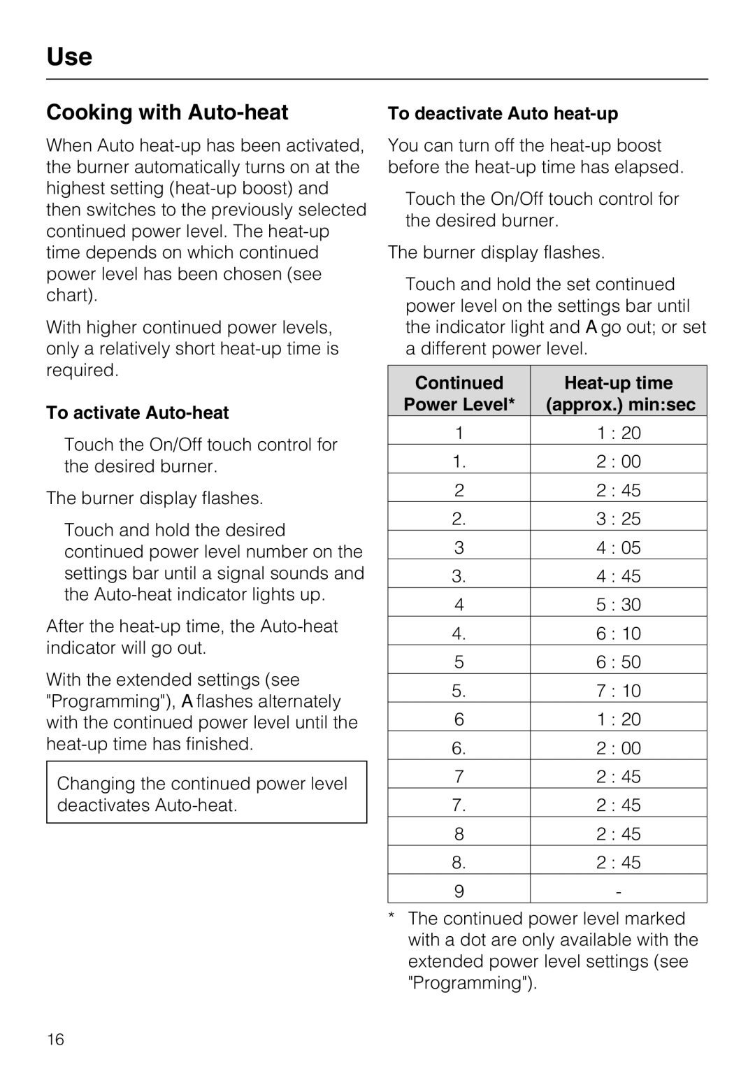 Miele KM 5820 Cooking with Auto-heat, To activate Auto-heat, To deactivate Auto heat-up, Heat-up time, Approx. minsec 